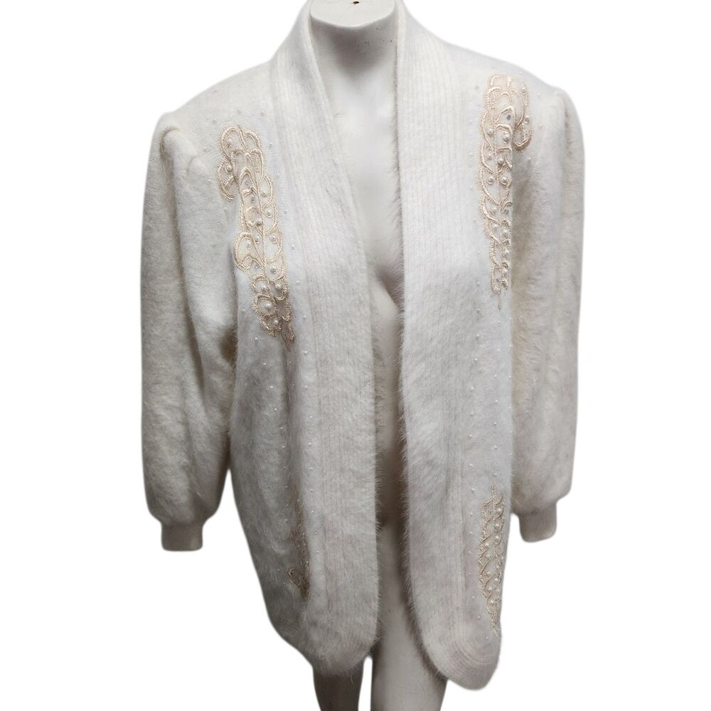 Vintage Lee Sands Angora Blend Cardigan Ivory Beaded Embroidered One Size